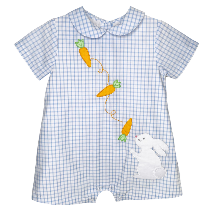 Baby blue gingham Easter romper with bunny and carrot appliqué, Peter Pan collar, short sleeves, and snap closures on white background.