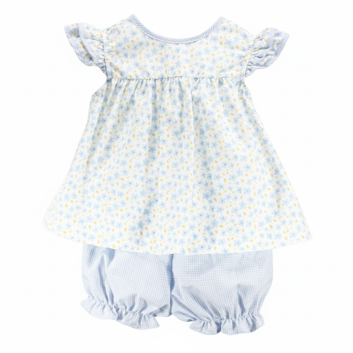 Baby girl Blue Floral Bonnie set with flutter sleeve floral top and matching blue gingham bloomers