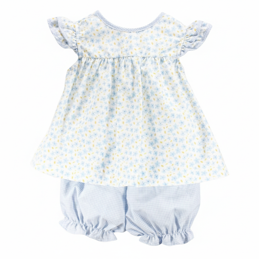Baby girl Blue Floral Bonnie set with flutter sleeve floral top and matching blue gingham bloomers