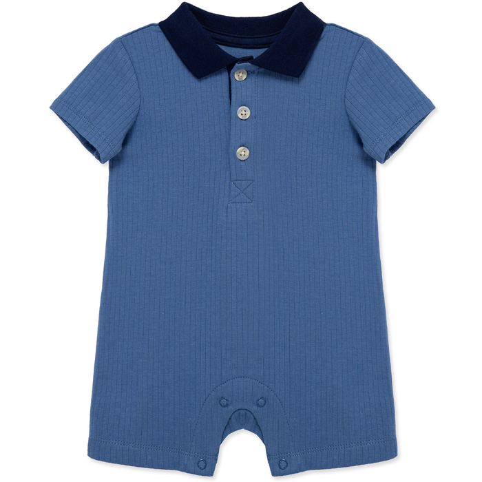Blue ribbed  bamboo baby boy polo romper with navy collar and bottom snap closure.