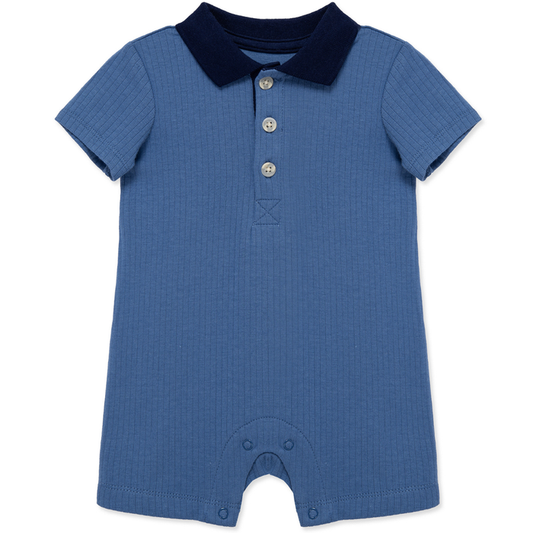 Blue ribbed  bamboo baby boy polo romper with navy collar and bottom snap closure.