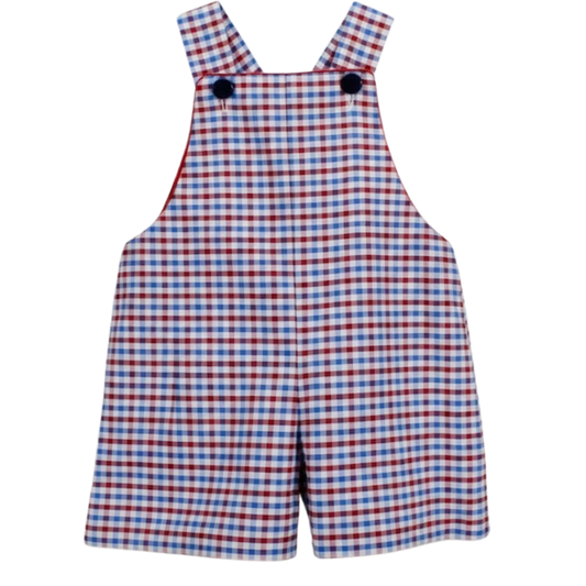 Red white and blue gingham overalls on a white background