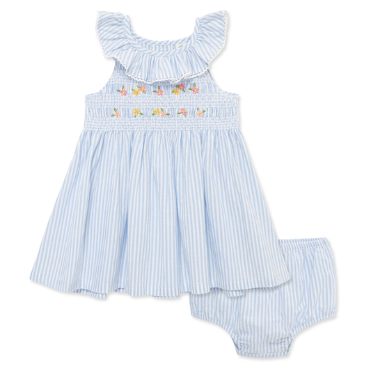 Blue striped baby girl smocked sundress with embroidered flowers, ruffle neckline, and matching bloomers.