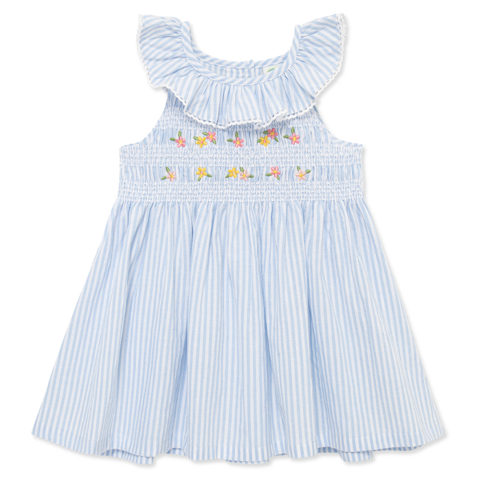 Light blue striped dress with floral embroidery on a white background