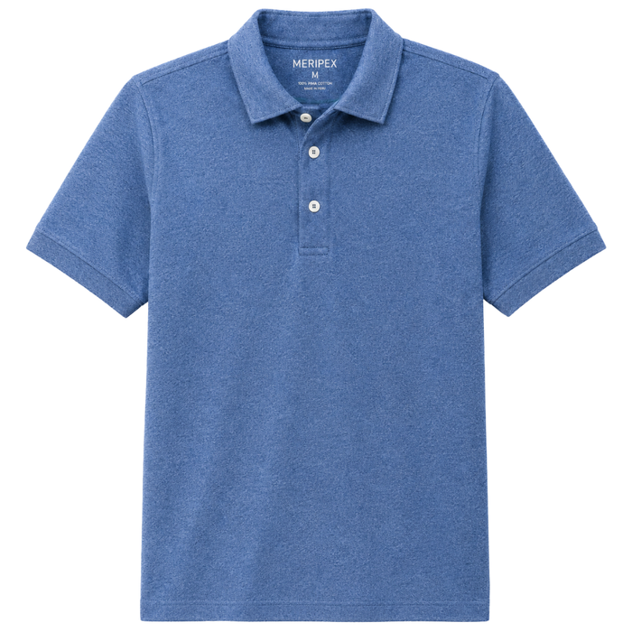 Boys heather blue short sleeve Pima cotton polo shirt with collar and button placket on white background