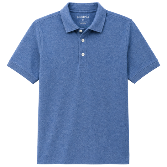 Boys heather blue short sleeve Pima cotton polo shirt with collar and button placket on white background