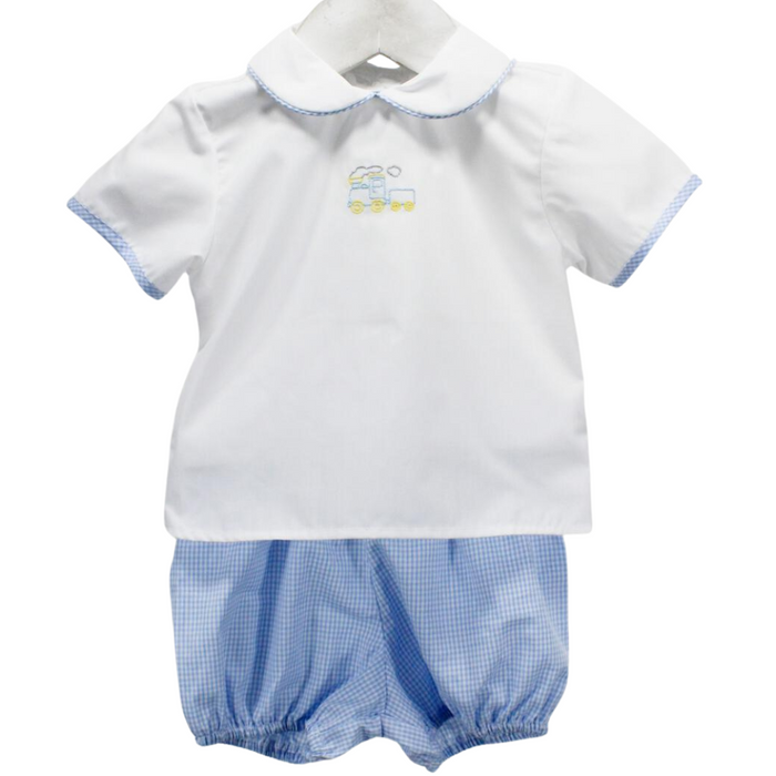 two piece diaper set, blue micro gingham bloomers with a button back top with collar trimmed in gingham and a small train embroider on the front center