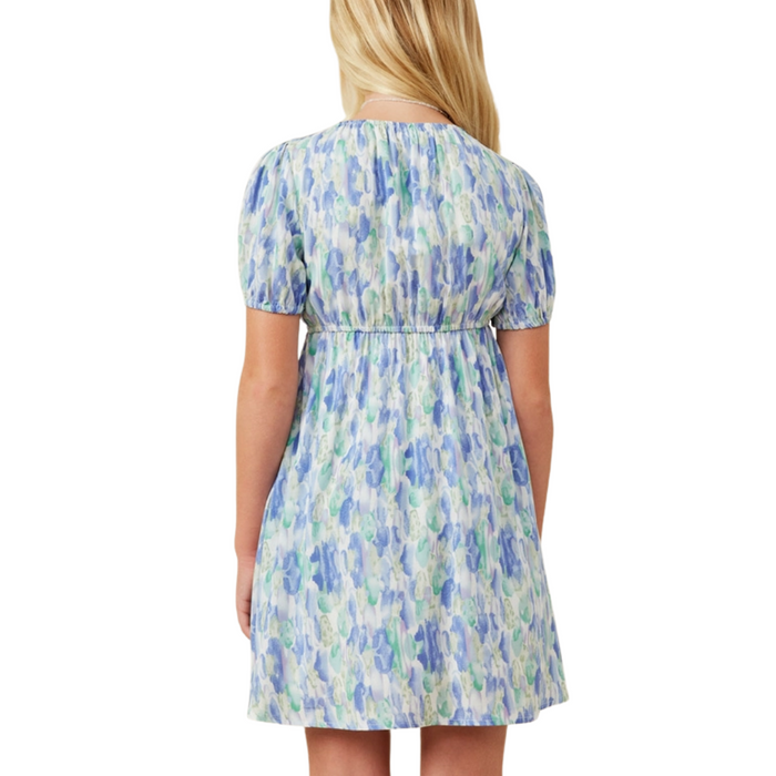 Blue Watercolor Floral Puff Sleeve Dress