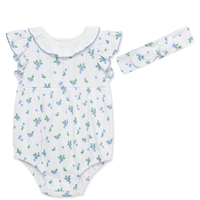 Baby girl white bubble romper with blue blueberry print, ruffle collar with blue trim, flutter sleeves, and matching bow headband.