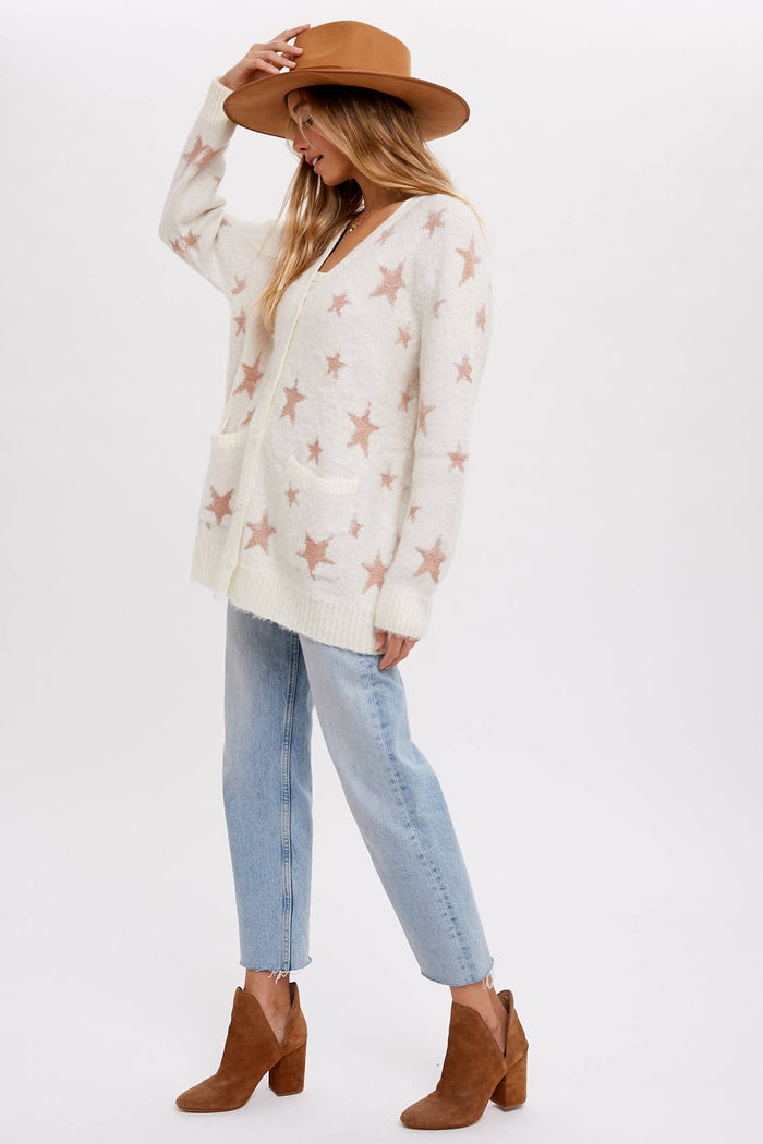 BLUIVY STAR PATTERN BUTTON FRONT CARDIGAN - Dropped Shoulder Design