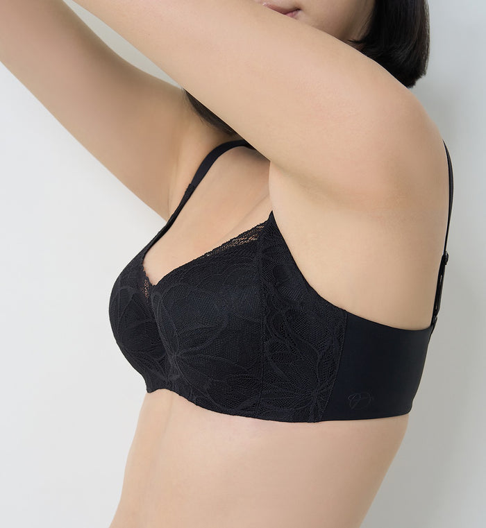 Body Make Up Illusion Lace Wired Half Cup Padded Bra - BLACK