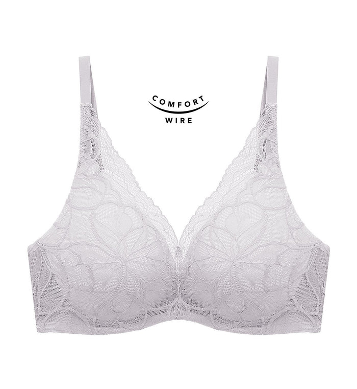 Body Makeup Illusion Lace Wired Push Up Deep V Bra - FEATHER