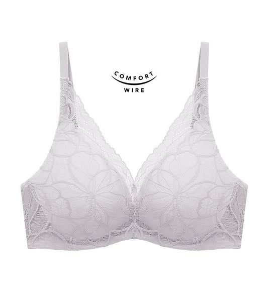 Body Makeup Illusion Lace Wired Push Up Deep V Bra - FEATHER