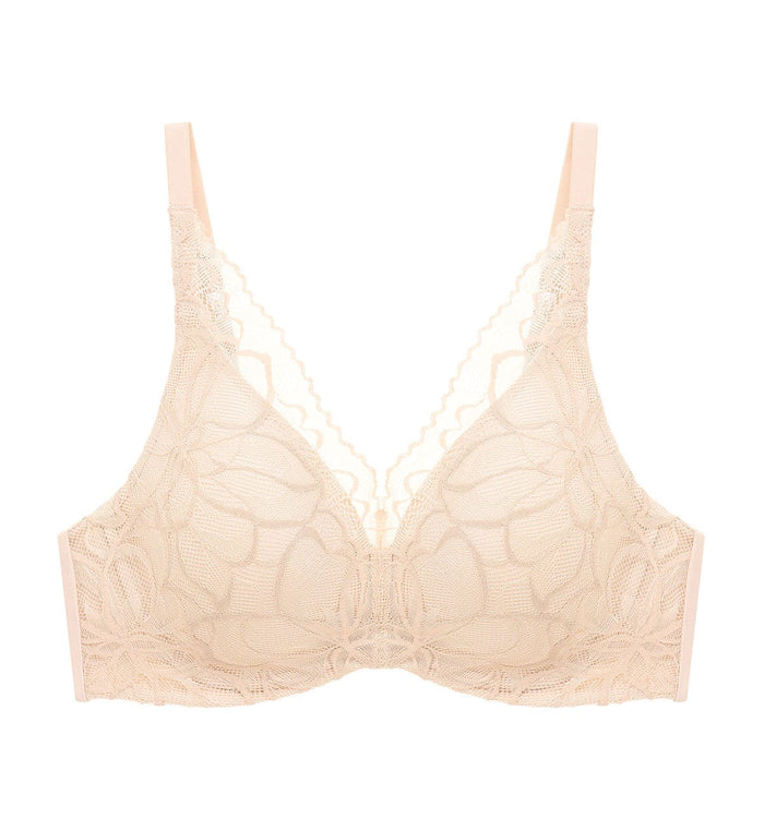 Body Makeup Illusion Lace Wired Push Up Deep V Bra - NUDE BEIGE