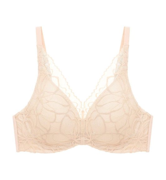 Body Makeup Illusion Lace Wired Push Up Deep V Bra - NUDE BEIGE