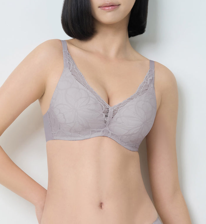 Body Makeup Illusion Lace Wired Push Up Deep V Bra - FEATHER