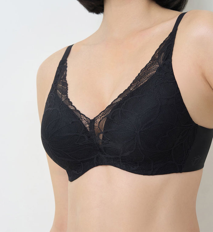 Body Makeup Illusion Lace Wired Push Up Deep V Bra - BLACK