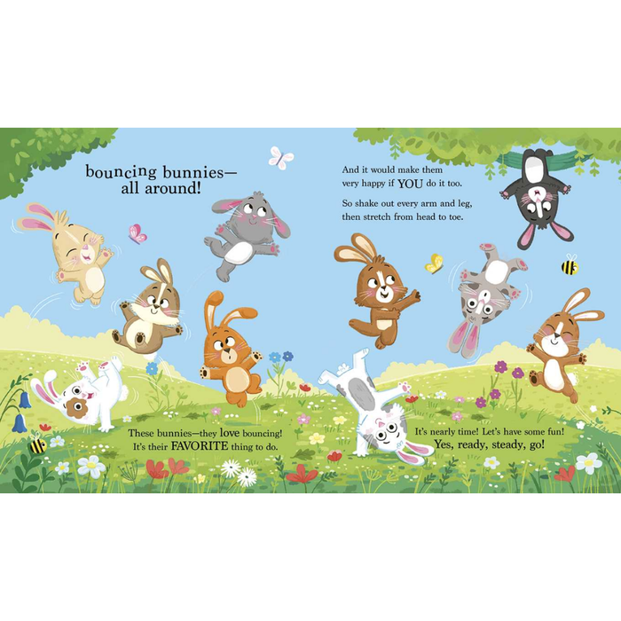 Illustration of bunnies bouncing on a grassy field with a blue sky.