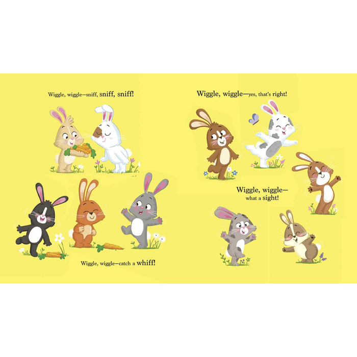 Illustrations of cartoon bunnies on a yellow background with text.