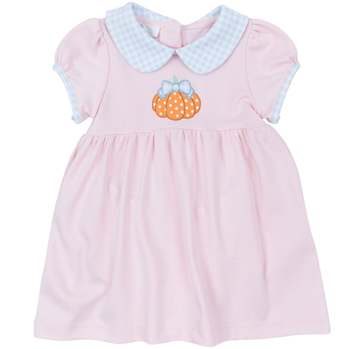 Baby girl pink dress with blue gingham Peter Pan collar and pumpkin appliqué with bow on front.
