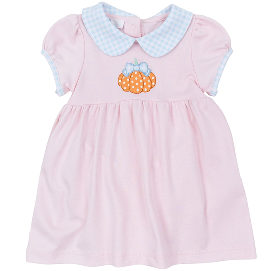Baby girl pink dress with blue gingham Peter Pan collar and pumpkin appliqué with bow on front.