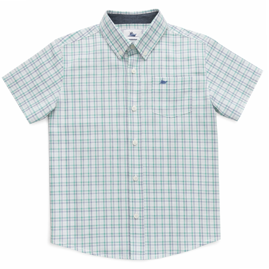 Boys Blue & Mint Plaid Short Sleeve Button Down Shirt with Boat Embroidery