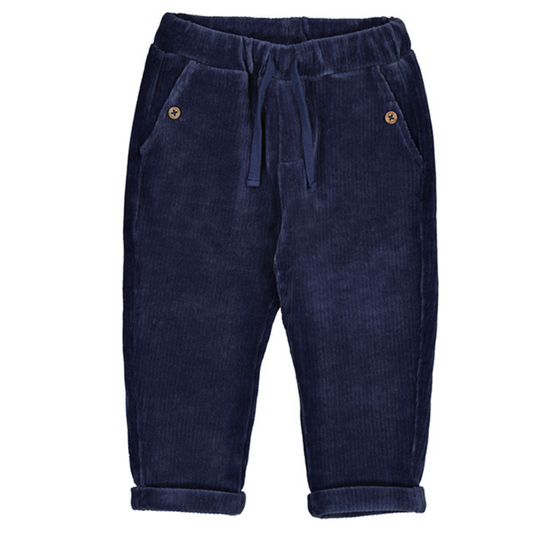 Navy blue corduroy-style knit pants for boys with rolled cuffs, side pockets, and an elastic drawstring waistband