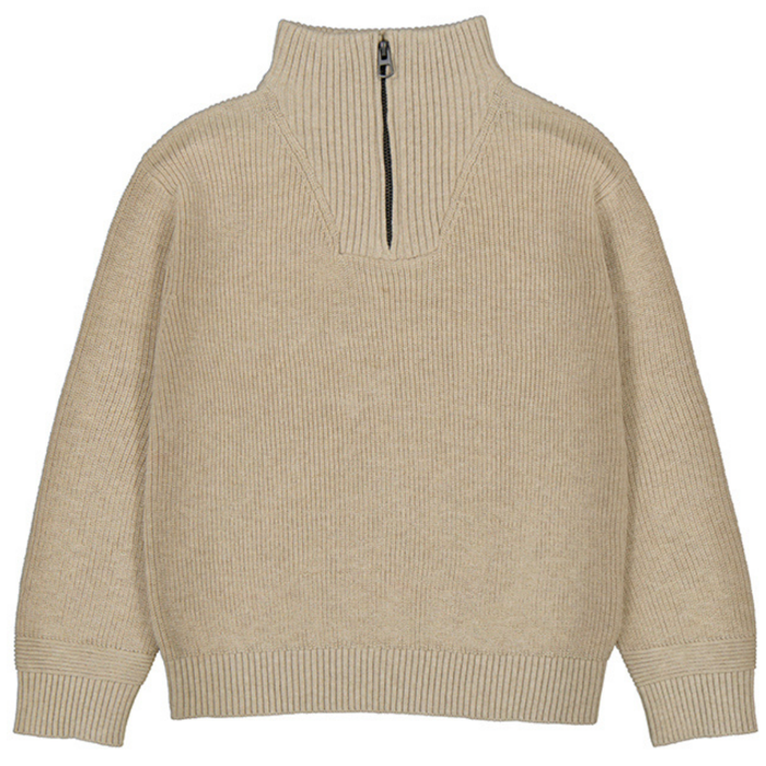 Beige boys' ribbed half-zip sweater with high collar, relaxed fit, and ribbed cuffs and hem