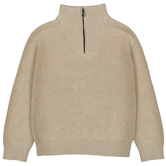 Beige boys' ribbed half-zip sweater with high collar, relaxed fit, and ribbed cuffs and hem