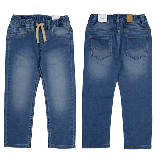 Front and back view of boys’ medium wash denim jogger pants with elastic waistband, drawstring, and pockets