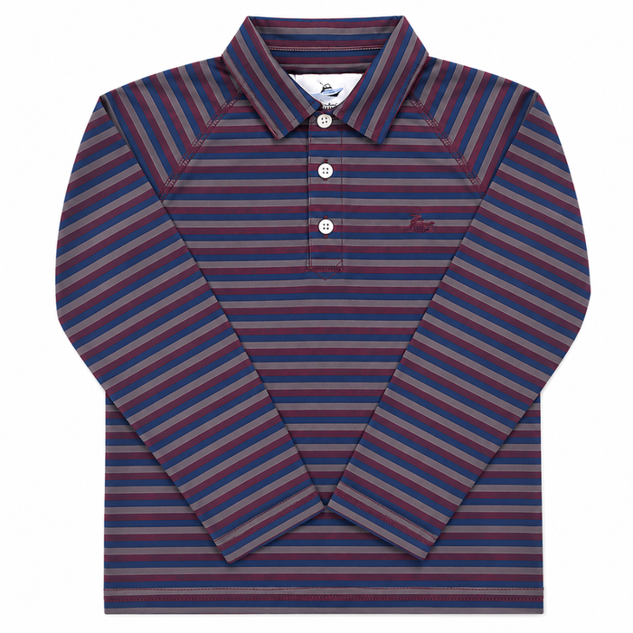 burgundy navy and grey stripe long sleeve polo