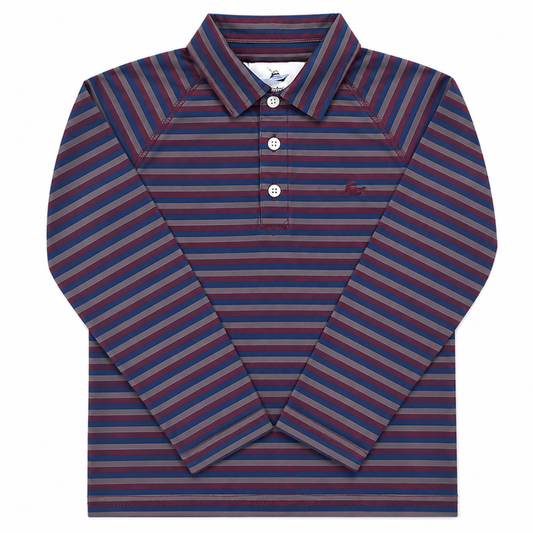 burgundy navy and grey stripe long sleeve polo