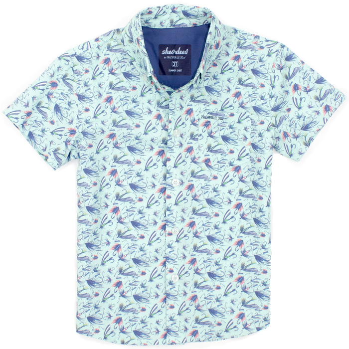 Boys light blue button-up shirt with colorful fishing fly print, short sleeves, and collared design for summer wear.