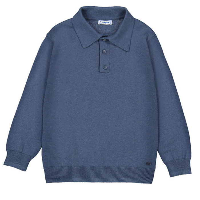 Boys’ steel blue long sleeve knit polo with button placket, ribbed cuffs, and classic collar
