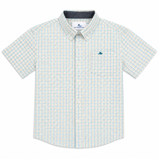 Teal and tan plaid boys short sleeve button down dress shirt