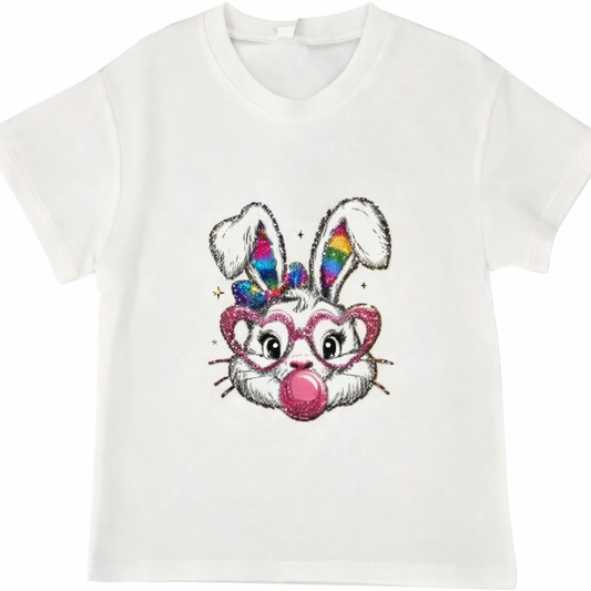White girls short sleeve tee with glitter bunny graphic, rainbow ears, heart glasses, and pink bubblegum bubble.