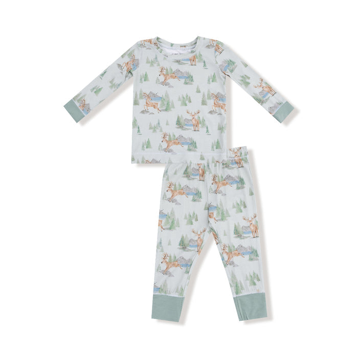 Children’s 2-piece loungewear set with watercolor buck deer and forest print in soft pastel tones.