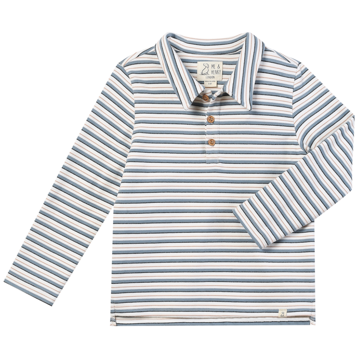 Boys blue and white striped long sleeve polo shirt with collar and buttons on a white background.