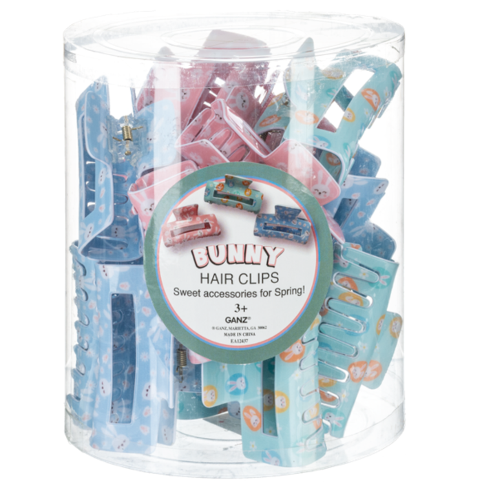 Container of pastel bunny print claw hair clips in pink, blue, and mint with spring designs.
