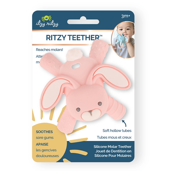 Itzy Ritzy Bunny Ritzy Teether silicone molar teething toy with soft hollow tubes for soothing sore gums.