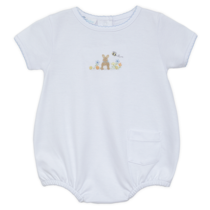 Baby boy light blue bubble romper with embroidered bunny, short sleeves, elastic leg openings, and classic trim
