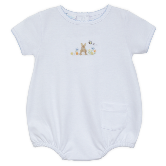 Baby boy light blue bubble romper with embroidered bunny, short sleeves, elastic leg openings, and classic trim