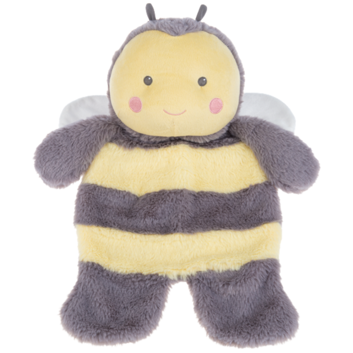 Soft plush bee stuffed animal with yellow and gray stripes, small wings, and a smiling embroidered face.