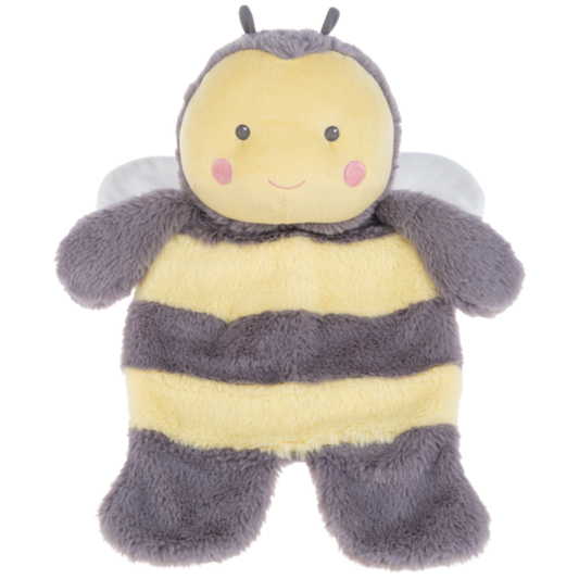 Soft plush bee stuffed animal with yellow and gray stripes, small wings, and a smiling embroidered face.