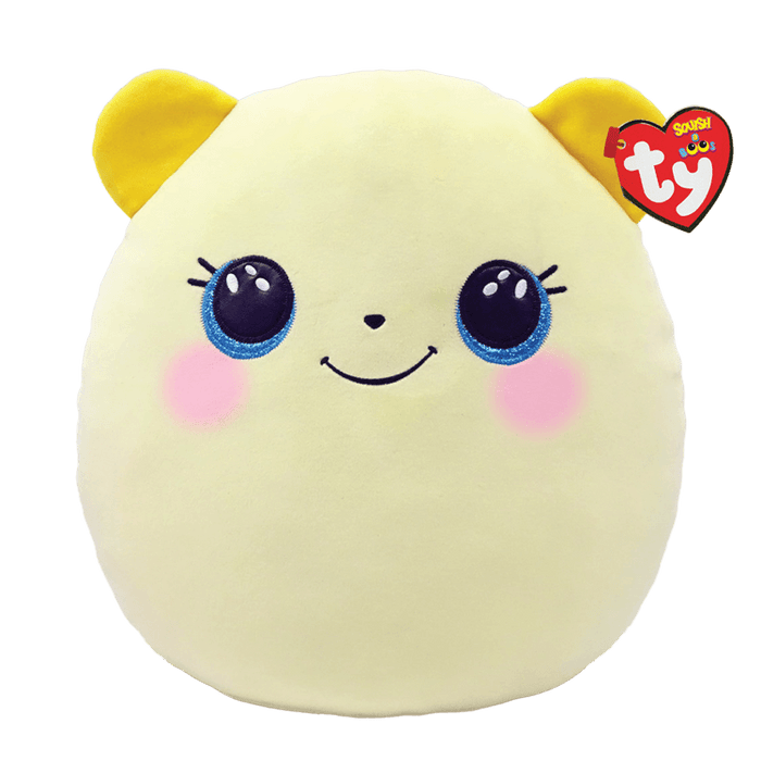 Yellow squishy bear with dark yellow ears and blue eyes with pink cheeks and a black printed smile.