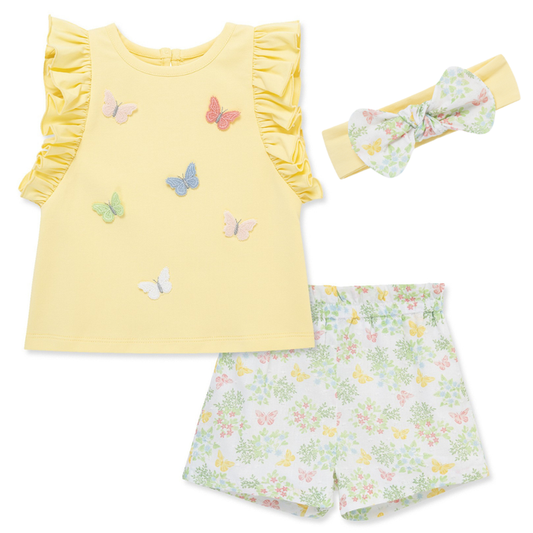 Baby girl yellow ruffle sleeve top with embroidered butterflies, matching floral shorts, and coordinating butterfly bow headband.