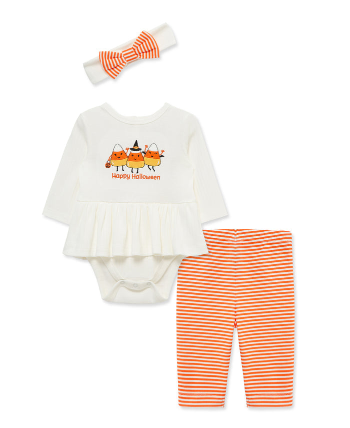 baby girl halloween outfit candy corn bodysuit striped leggings orange bow headband set