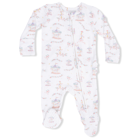 baby footie with 2 way zipper, ruffled bum and a sweet carousel all over print.