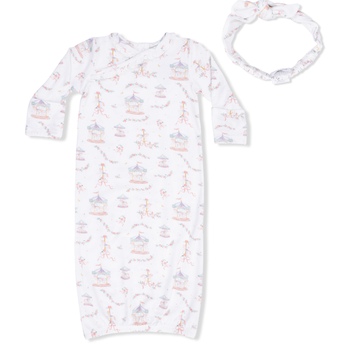 kimono style baby gown with elastic bottom in a sweet watercolor carousel print and a matching headband