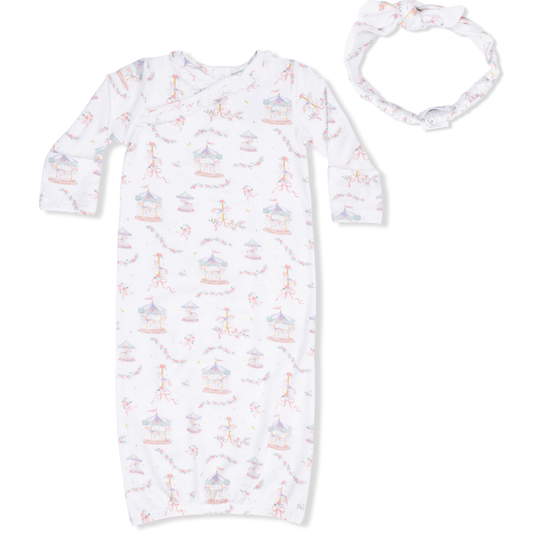 kimono style baby gown with elastic bottom in a sweet watercolor carousel print and a matching headband